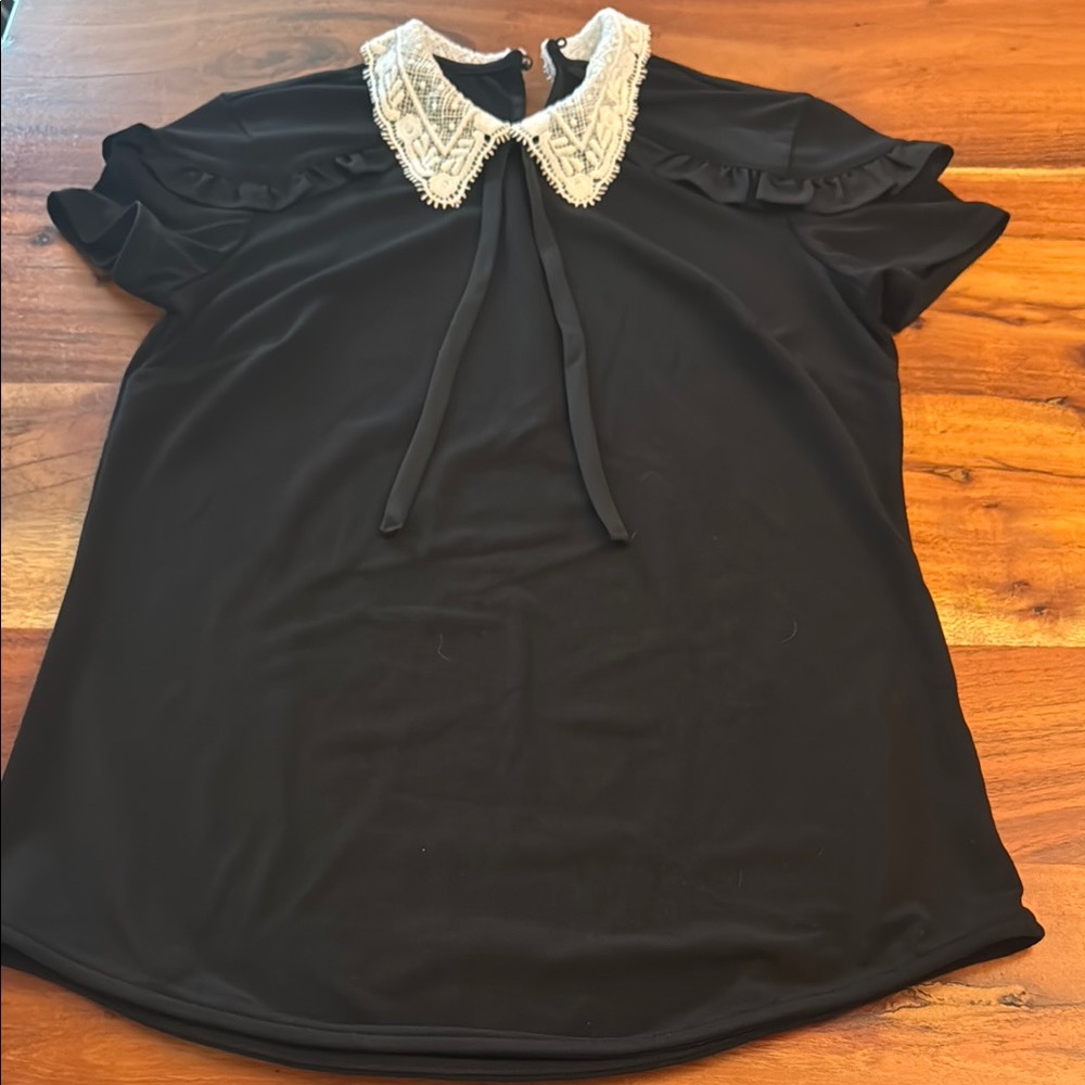 RW&CO. Black Blouse with White Lace Collar